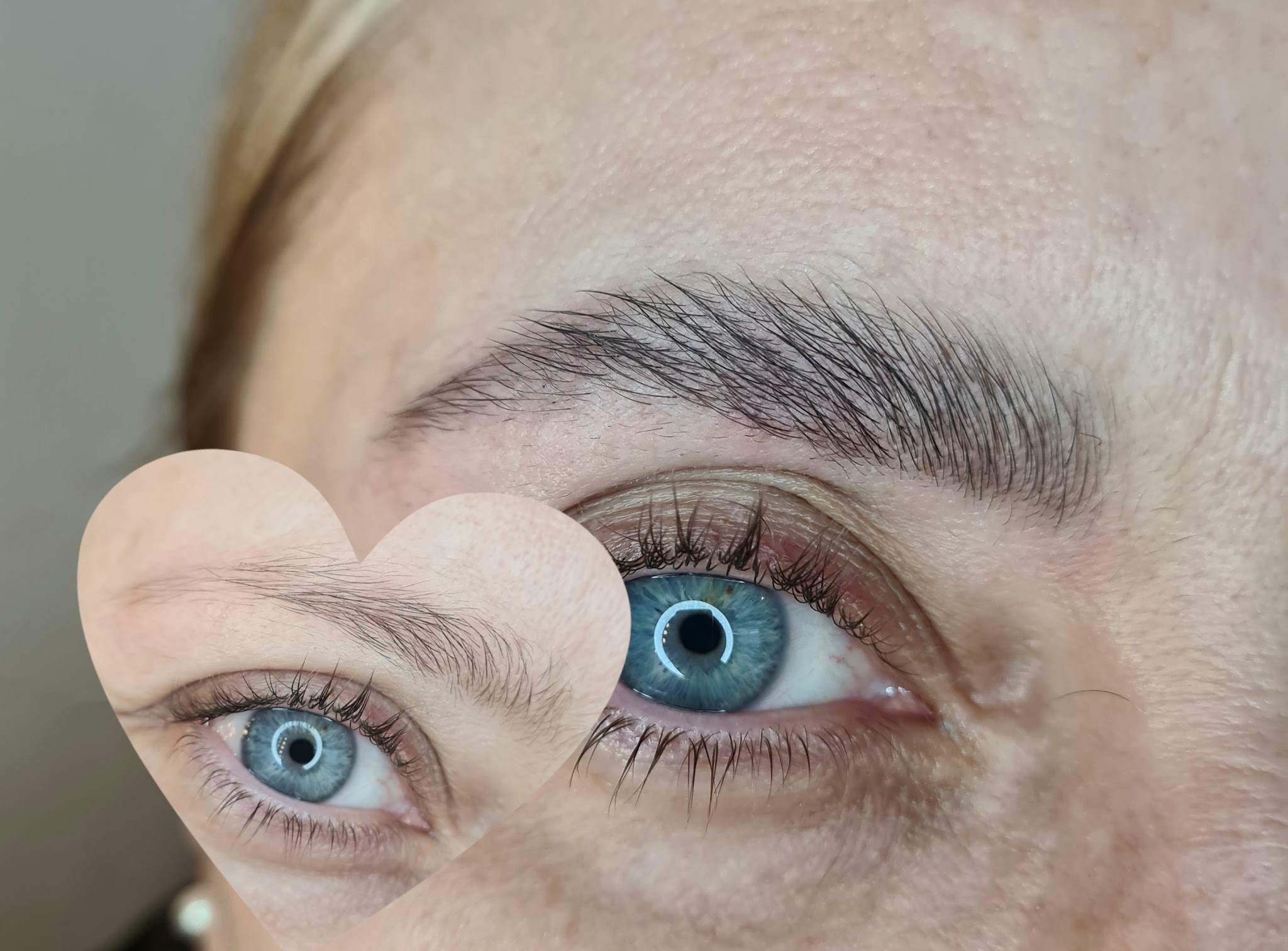 Wenkbrauw en gelifte wimpers, met in een hartje het oog van ervoor